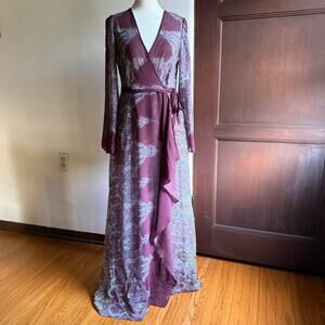 BCBG Max Azria Runway | Burgundy and Blue Paisley Silk Wrap Wide Sleeve Maxi XXS